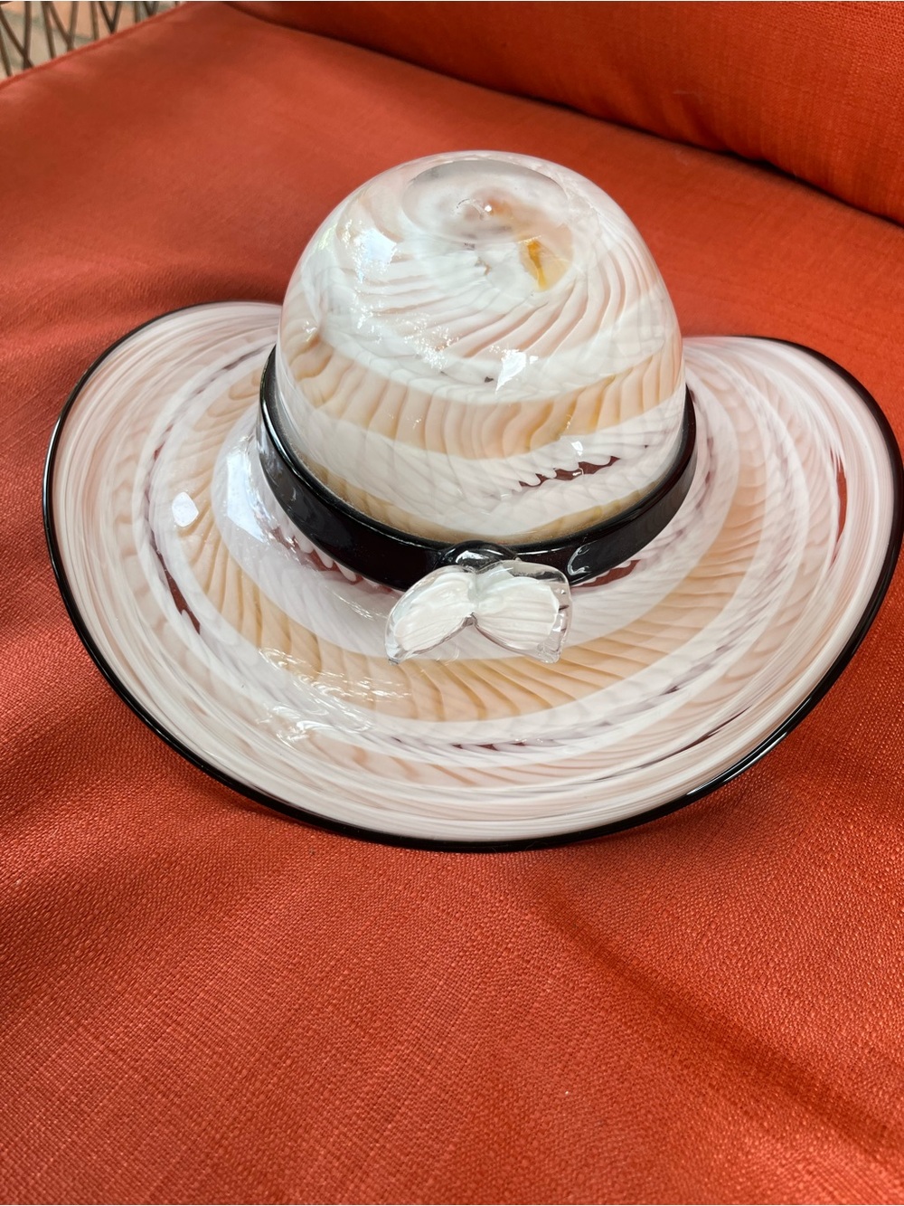 Vintage Block Crystal Hand Blown
Art Glass Ladies Hat Bowl - Brown & White Swirl